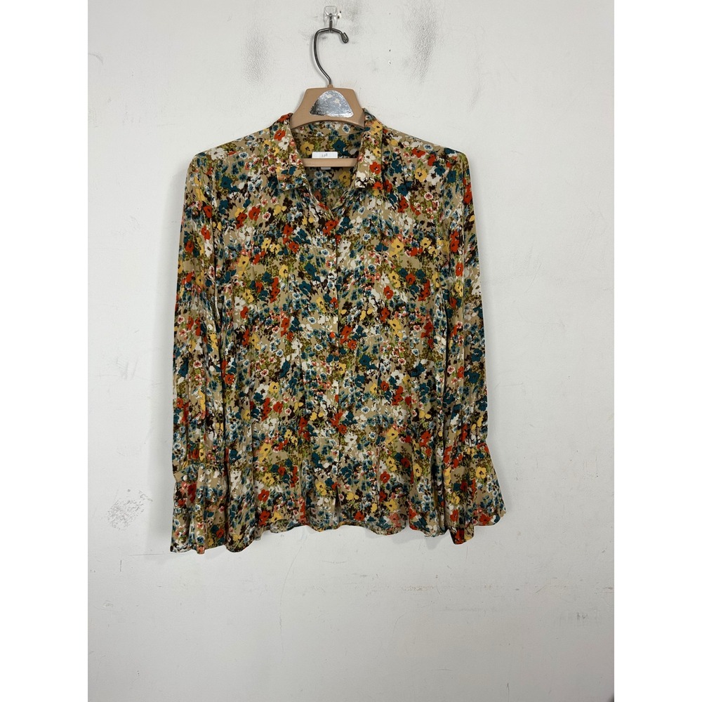 J. Jill Floral Rayon Blouse XL Petite Tan Blue Orange Button Front‎ Flared Cuff